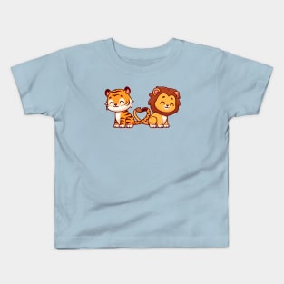 Cute Lion And Tiger Couple With Love Heart Tail Cartoon Kids T-Shirt